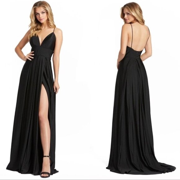 Plunging Neckline V Neck Spaghetti Strap High Slit Gown By Ieena Mac Duggal